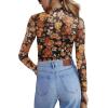 image:imageZeagoo Womens Mesh Sheer Long Sleeve Top Mock Turtle Neck See Though Shirts Ruched Sexy Casual Going Out BlousesOrange Floral
