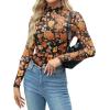 image:imageZeagoo Womens Mesh Sheer Long Sleeve Top Mock Turtle Neck See Though Shirts Ruched Sexy Casual Going Out BlousesOrange Floral