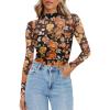 image:imageZeagoo Womens Mesh Sheer Long Sleeve Top Mock Turtle Neck See Though Shirts Ruched Sexy Casual Going Out BlousesOrange Floral