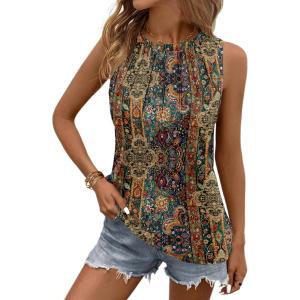 image:imageZeagoo Summer Tank Top for Women 2026 Pleated High Neck Tops Loose Fit Flowy Dressy Tunic Sleeveless ShirtsBboho Floral