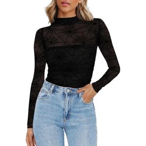 image:imageZeagoo Womens Mesh Sheer Long Sleeve Top Mock Turtle Neck See Though Shirts Ruched Sexy Casual Going Out BlousesBlack Spider Pattern