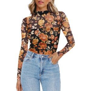 image:imageZeagoo Womens Mesh Sheer Long Sleeve Top Mock Turtle Neck See Though Shirts Ruched Sexy Casual Going Out BlousesOrange Floral