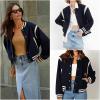 image:imageZeagoo Bomber Jacket Women Varsity Casual Button Down Lightweight 2026 Spring Fashion Short School Outfits with PocketsNavy Blue