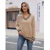 image:imageZeagoo Womens V Neck Sweaters Shirts Long Sleeve Lightweight Ribbed Knit Pullover Sweater Blouse Tops with Buttons OufitsKhakiblack