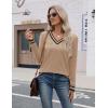 image:imageZeagoo Womens V Neck Sweaters Shirts Long Sleeve Lightweight Ribbed Knit Pullover Sweater Blouse Tops with Buttons OufitsKhakiblack