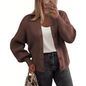image:imageZeagoo 2026 Cardigan Sweaters for Women Long Sleeve Chunky Knit Cardigan CEW Neck Button Down Fall Fashion ClothesBrown