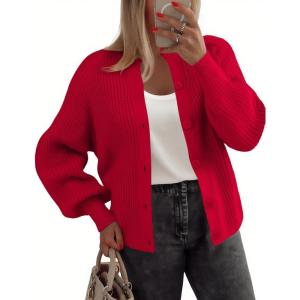 image:imageZeagoo 2026 Cardigan Sweaters for Women Long Sleeve Chunky Knit Cardigan CEW Neck Button Down Fall Fashion ClothesRed