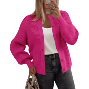 image:imageZeagoo 2026 Cardigan Sweaters for Women Long Sleeve Chunky Knit Cardigan CEW Neck Button Down Fall Fashion ClothesRose Red
