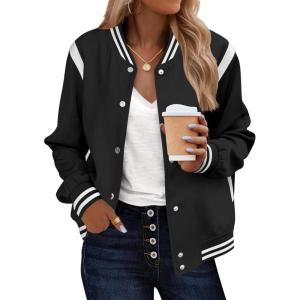 image:imageZeagoo Bomber Jacket Women Varsity Casual Button Down Lightweight 2026 Spring Fashion Short School Outfits with PocketsA01black