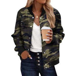 image:imageZeagoo Bomber Jacket Women Varsity Casual Button Down Lightweight 2026 Spring Fashion Short School Outfits with PocketsArmy Camo