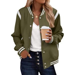 image:imageZeagoo Bomber Jacket Women Varsity Casual Button Down Lightweight 2026 Spring Fashion Short School Outfits with PocketsArmy Green