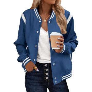 image:imageZeagoo Bomber Jacket Women Varsity Casual Button Down Lightweight 2026 Spring Fashion Short School Outfits with PocketsBlue