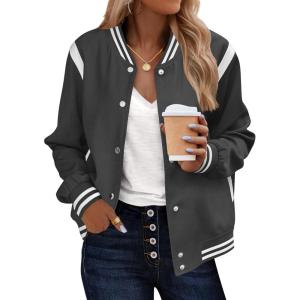 image:imageZeagoo Bomber Jacket Women Varsity Casual Button Down Lightweight 2026 Spring Fashion Short School Outfits with PocketsDark Grey