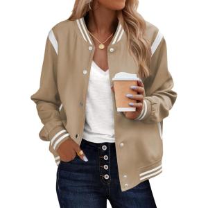 image:imageZeagoo Bomber Jacket Women Varsity Casual Button Down Lightweight 2026 Spring Fashion Short School Outfits with PocketsKhaki Striped