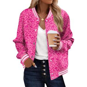 image:imageZeagoo Bomber Jacket Women Varsity Casual Button Down Lightweight 2026 Spring Fashion Short School Outfits with PocketsLeopard Pink