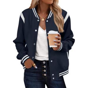 image:imageZeagoo Bomber Jacket Women Varsity Casual Button Down Lightweight 2026 Spring Fashion Short School Outfits with PocketsNavy Blue