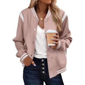 image:imageZeagoo Bomber Jacket Women Varsity Casual Button Down Lightweight 2026 Spring Fashion Short School Outfits with PocketsPink