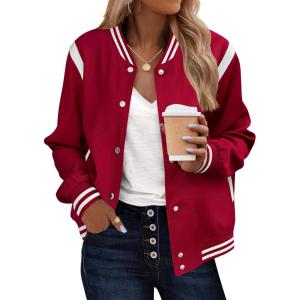 image:imageZeagoo Bomber Jacket Women Varsity Casual Button Down Lightweight 2026 Spring Fashion Short School Outfits with PocketsRed