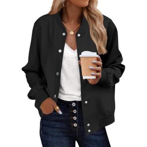 image:imageZeagoo Bomber Jacket Women Varsity Casual Button Down Lightweight 2026 Spring Fashion Short School Outfits with PocketsSolid Black