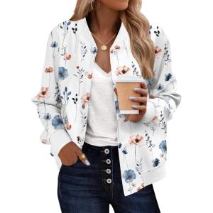image:imageZeagoo Bomber Jacket Women Varsity Casual Button Down Lightweight 2026 Spring Fashion Short School Outfits with PocketsWhite Floral Print