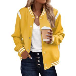 image:imageZeagoo Bomber Jacket Women Varsity Casual Button Down Lightweight 2026 Spring Fashion Short School Outfits with PocketsYellow