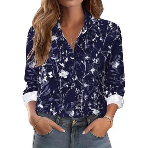image:imageZeagoo Button Down Shirts for Women Dressy Floral Printed Long Sleeve Blouse Business Casual Work TopsNavy White Floral