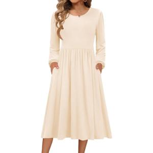 image:imageZeagoo Long Sleeve Dresses for Women 2026 Fall Winter Casual Flowy ALine Boho Midi Party Long Dress with PocketsBeige