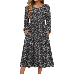 image:imageZeagoo Long Sleeve Dresses for Women 2026 Fall Winter Casual Flowy ALine Boho Midi Party Long Dress with PocketsBlue Black Small Floral