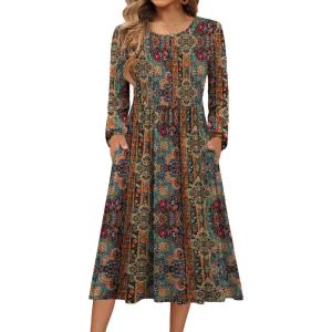 image:imageZeagoo Long Sleeve Dresses for Women 2026 Fall Winter Casual Flowy ALine Boho Midi Party Long Dress with PocketsEthnic Style