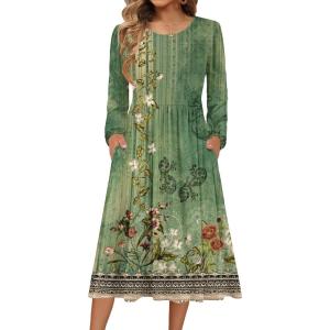 image:imageZeagoo Long Sleeve Dresses for Women 2026 Fall Winter Casual Flowy ALine Boho Midi Party Long Dress with PocketsGreen Print