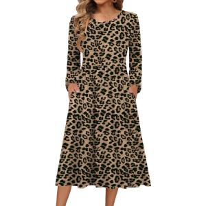 image:imageZeagoo Long Sleeve Dresses for Women 2026 Fall Winter Casual Flowy ALine Boho Midi Party Long Dress with PocketsLeopard Print