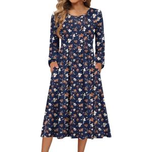 image:imageZeagoo Long Sleeve Dresses for Women 2026 Fall Winter Casual Flowy ALine Boho Midi Party Long Dress with PocketsNavy Floral