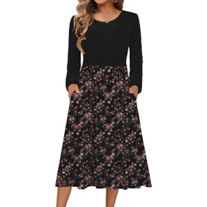 image:imageZeagoo Long Sleeve Dresses for Women 2026 Fall Winter Casual Flowy ALine Boho Midi Party Long Dress with PocketsPat4