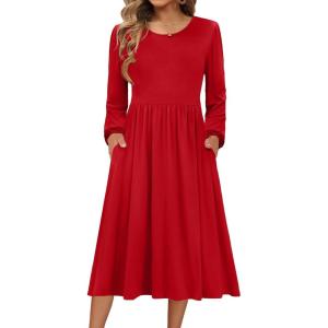 image:imageZeagoo Long Sleeve Dresses for Women 2026 Fall Winter Casual Flowy ALine Boho Midi Party Long Dress with PocketsRed