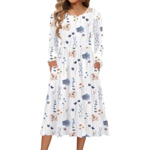 image:imageZeagoo Long Sleeve Dresses for Women 2026 Fall Winter Casual Flowy ALine Boho Midi Party Long Dress with PocketsWhite Floral