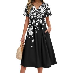 image:imageZeagoo Summer Dresses for Women 2026 Casual Short Sleeve Aline Midi Dress with Pocket Flowy Pleated Tshirt Beach SundressBlack Floral Print