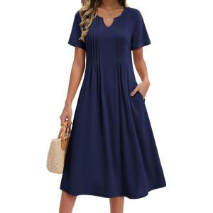 image:imageZeagoo Summer Dresses for Women 2026 Casual Short Sleeve Aline Midi Dress with Pocket Flowy Pleated Tshirt Beach SundressBlue