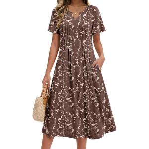 image:imageZeagoo Summer Dresses for Women 2026 Casual Short Sleeve Aline Midi Dress with Pocket Flowy Pleated Tshirt Beach SundressCoffee