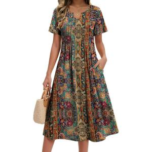 image:imageZeagoo Summer Dresses for Women 2026 Casual Short Sleeve Aline Midi Dress with Pocket Flowy Pleated Tshirt Beach SundressEthnic Print