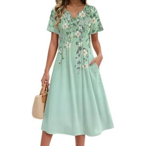 image:imageZeagoo Summer Dresses for Women 2026 Casual Short Sleeve Aline Midi Dress with Pocket Flowy Pleated Tshirt Beach SundressGreen Floral