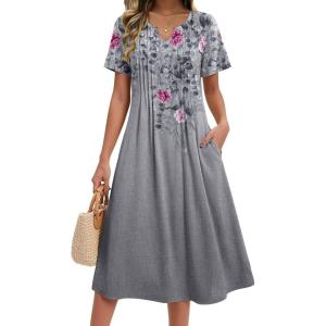 image:imageZeagoo Summer Dresses for Women 2026 Casual Short Sleeve Aline Midi Dress with Pocket Flowy Pleated Tshirt Beach SundressGrey Floral