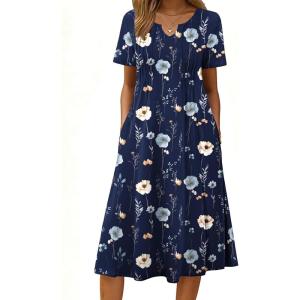 image:imageZeagoo Summer Dresses for Women 2026 Casual Short Sleeve Aline Midi Dress with Pocket Flowy Pleated Tshirt Beach SundressNavy Blue Print