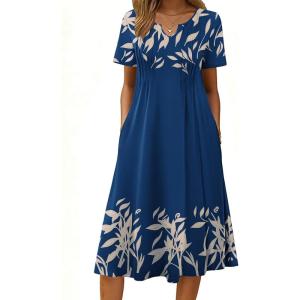 image:imageZeagoo Summer Dresses for Women 2026 Casual Short Sleeve Aline Midi Dress with Pocket Flowy Pleated Tshirt Beach SundressNavy Leaf Print
