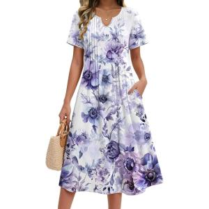 image:imageZeagoo Summer Dresses for Women 2026 Casual Short Sleeve Aline Midi Dress with Pocket Flowy Pleated Tshirt Beach SundressPurple
