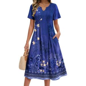 image:imageZeagoo Summer Dresses for Women 2026 Casual Short Sleeve Aline Midi Dress with Pocket Flowy Pleated Tshirt Beach SundressPurple Ethnic Print