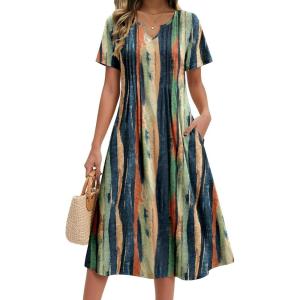 image:imageZeagoo Summer Dresses for Women 2026 Casual Short Sleeve Aline Midi Dress with Pocket Flowy Pleated Tshirt Beach SundressStripe