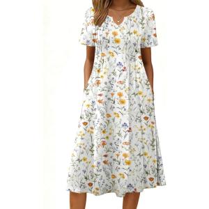 image:imageZeagoo Summer Dresses for Women 2026 Casual Short Sleeve Aline Midi Dress with Pocket Flowy Pleated Tshirt Beach SundressWhite Floral