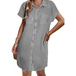 image:imageZeagoo Summer Dresses for Women 2026 Cotton Button Down Short Sleeve Tshirt Dresses Casual Mini Beach Dress01blackwhite Stripe