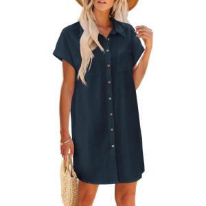 image:imageZeagoo Summer Dresses for Women 2026 Cotton Button Down Short Sleeve Tshirt Dresses Casual Mini Beach Dress01navy Blue