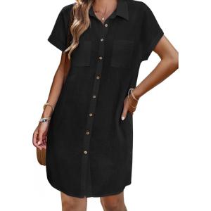 image:imageZeagoo Summer Dresses for Women 2026 Cotton Button Down Short Sleeve Tshirt Dresses Casual Mini Beach DressClassic Black